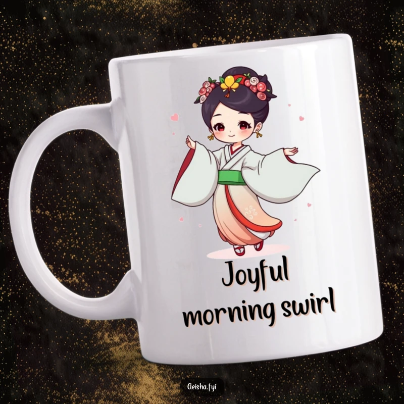 Funny Geisha Mug: Joyful character dances with flowing sleeves, embodying pure happiness and movement.