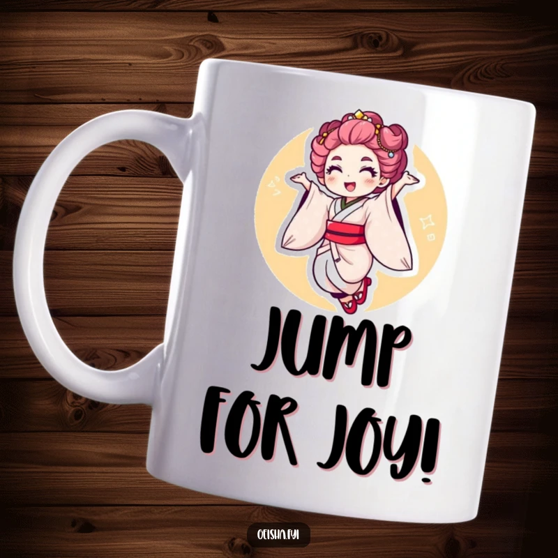 Funny Geisha Jump Mug: a graceful character performing an energetic and cheerful jump with a stylish flourish.