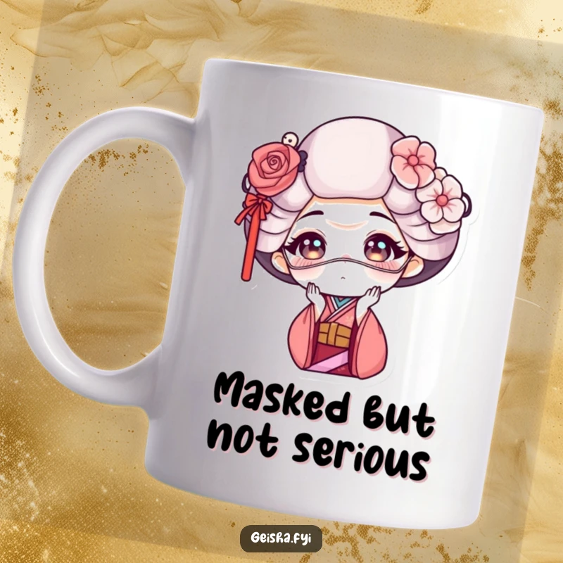 Funny geisha character mug showing a geisha making a funny, exaggerated face while holding a delicate decorative mask.