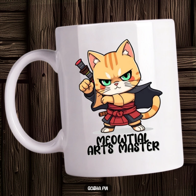 Funny Mug: A fierce cat dressed as a samurai warrior, striking a dramatic, powerful pose, exuding courage and feline charm.
