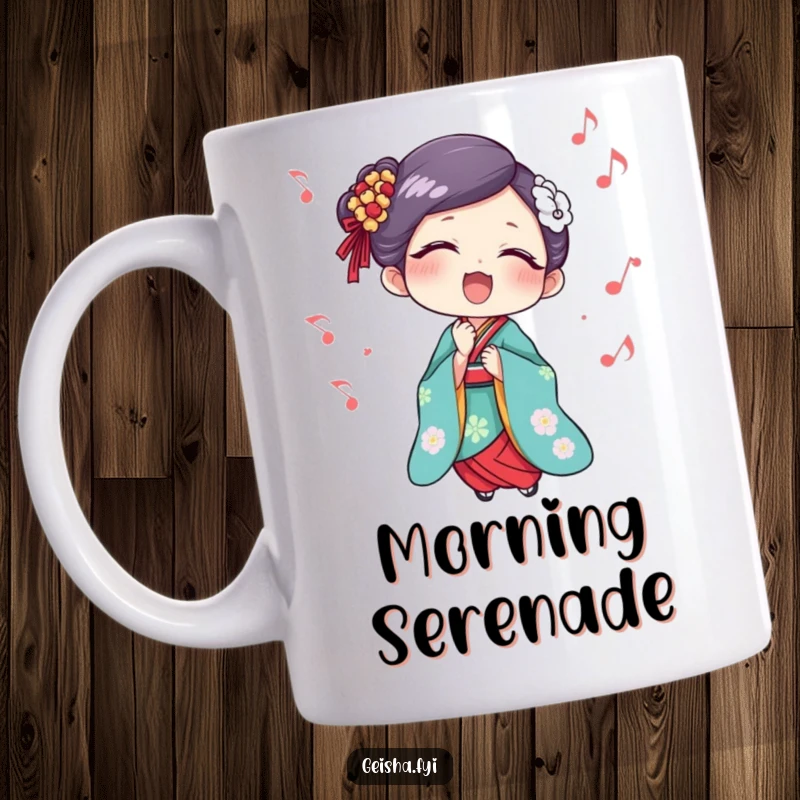 Funny Geisha Mug: A joyful geisha character sings her heart out with musical notes floating around her head, radiating pure happiness.