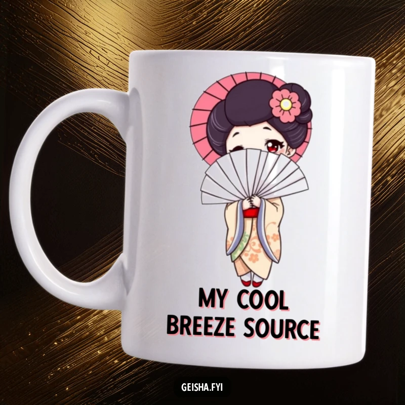 Funny geisha mug, elegant character holding a large, playful fan with a mischievous expression, perfect for a humorous gift.