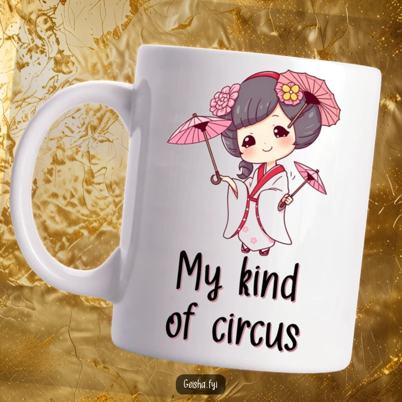 Funny geisha mug with a mischievous smile, expertly juggling three colorful umbrellas with playful abandon, designed for laughter.