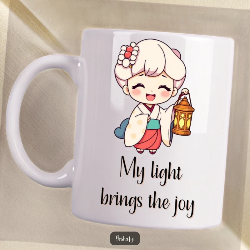 Funny Mug: A geisha holds a lantern casting a warm glow upon a genuinely laughing face, symbolizing shared joy.