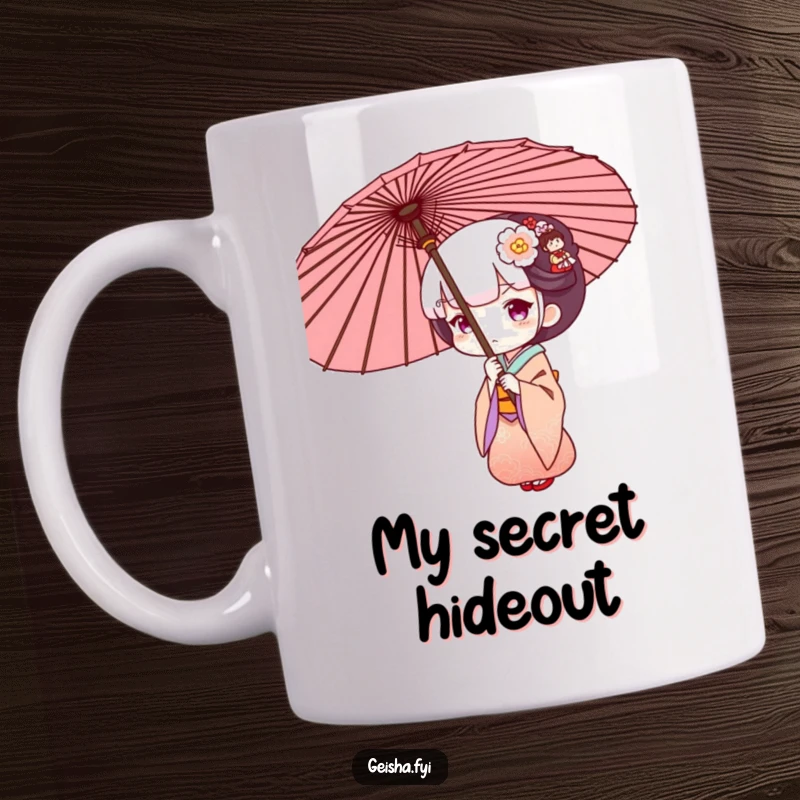 Funny Geisha peeking curiously from behind a large ornate umbrella, a whimsical and humorous design for a coffee mug.