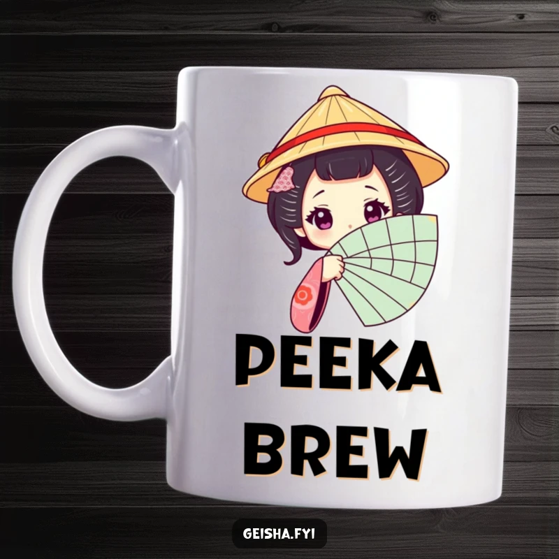 Funny Geisha Fan Mug: A geisha character in a traditional hat peeking mysteriously from behind a fan.