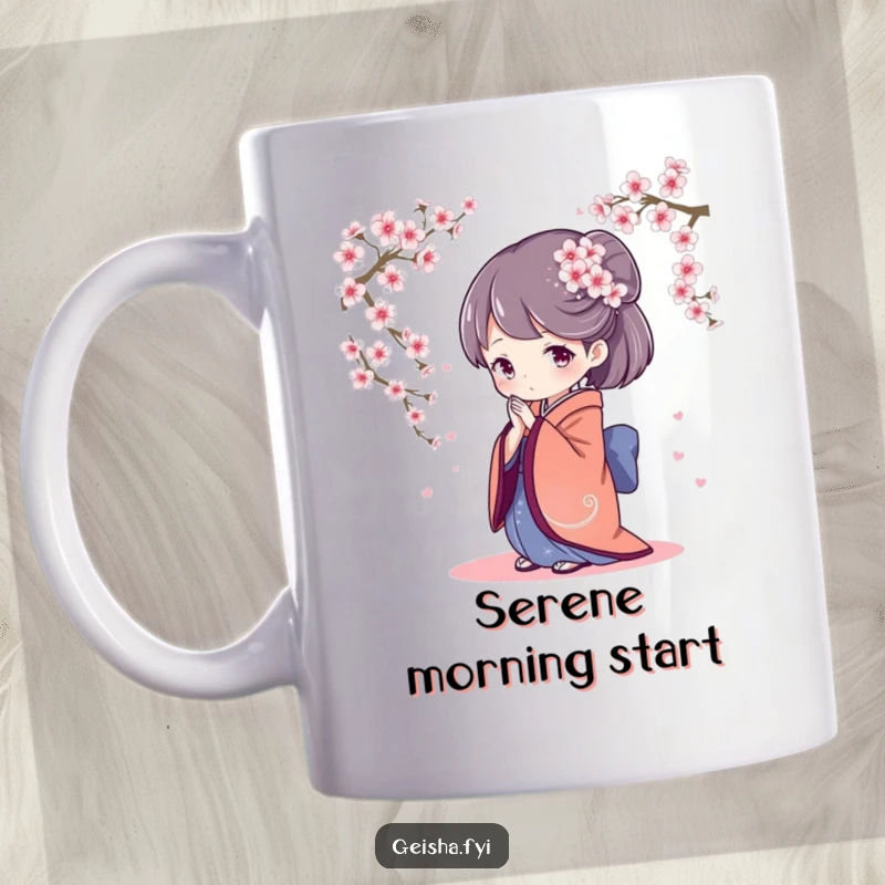 Elegant mug depicting a geisha character gracefully bowing her head, surrounded by delicate falling cherry blossoms, evoking peace and beauty.