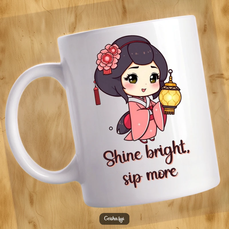 Funny Geisha Mug: Playful character winks while holding a shimmering lantern, embodying nighttime fun.