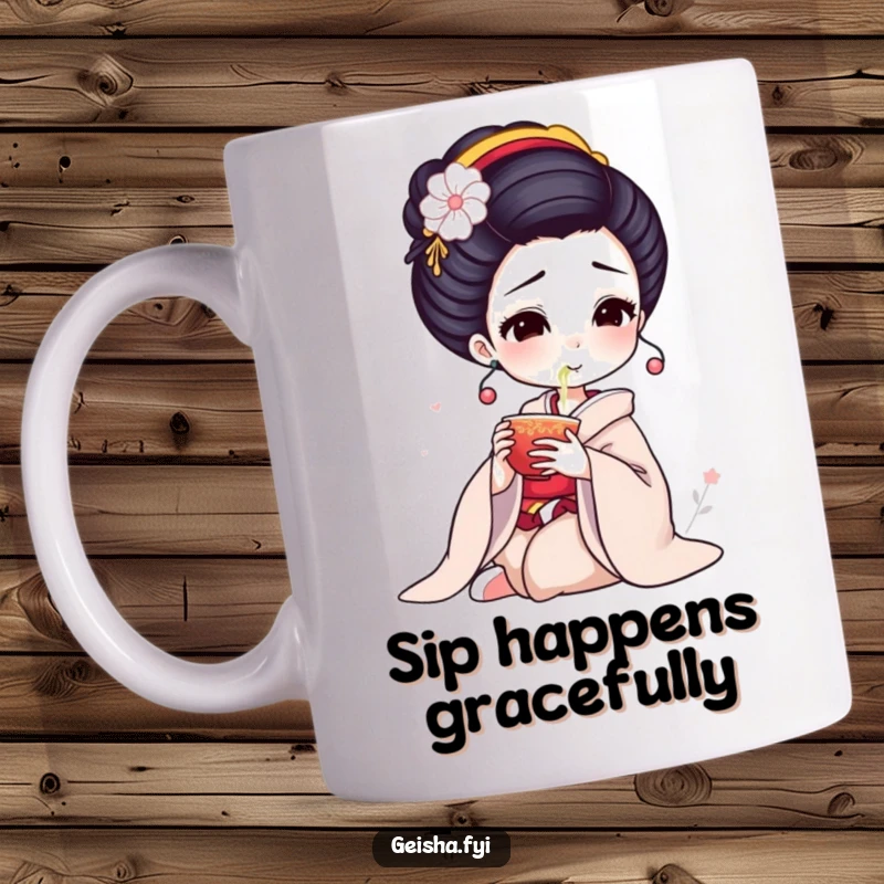 Funny Geisha Mug: Elegant character delicately sips tea, embodying peaceful moments with a touch of humor.