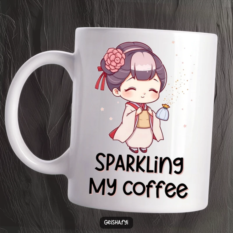 Funny geisha mug, playful character joyfully sprinkling iridescent glitter from a small pouch, excellent for a humorous gift.
