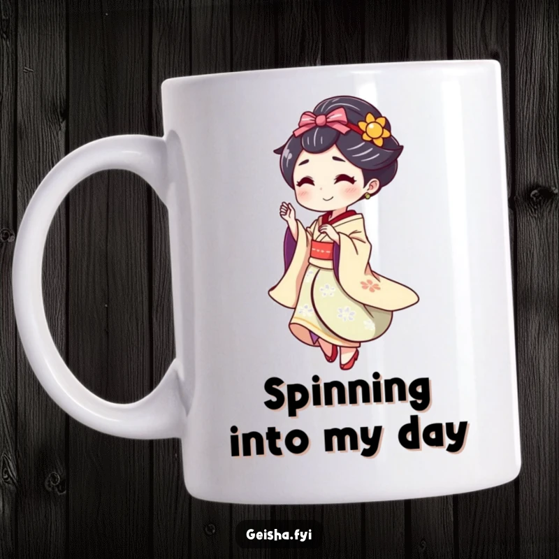 Funny Geisha doing a playful spin with a flourish, humorous and dynamic mug design.