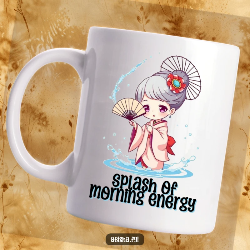 Funny Geisha Splashing Mug, a character playfully tossing water with a fan, showing a joyful and mischievous expression.