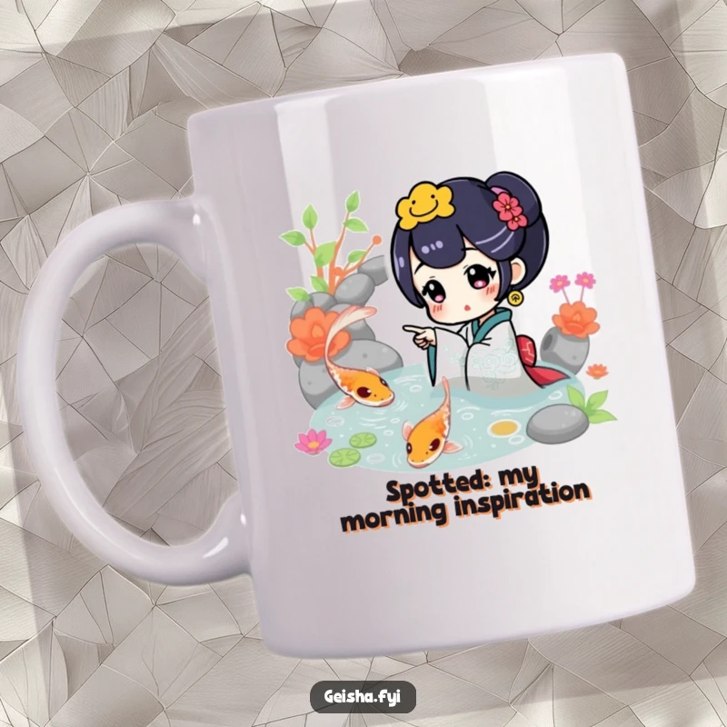 Funny Mug: A geisha character excitedly points at a vibrantly colored koi fish swimming gracefully in a tranquil pond.