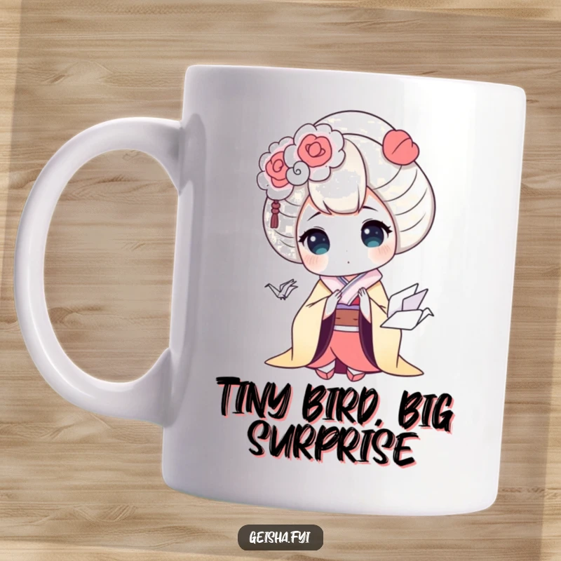 Funny geisha mug featuring a shocked geisha character discovering a tiny, adorable origami crane in her hand, perfect for gift-givers.