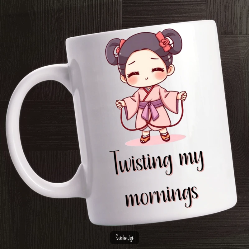 Funny geisha obi mug character mischievously posing as a jump rope, ready for action. Playful, unique, and comical design.