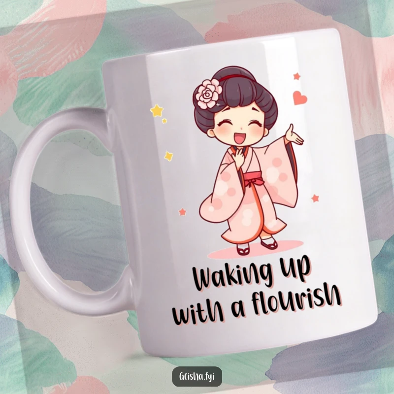 Funny Mug: A geisha character performs a vibrant, silly dance with big, joyful movements, exuding pure, uninhibited fun.