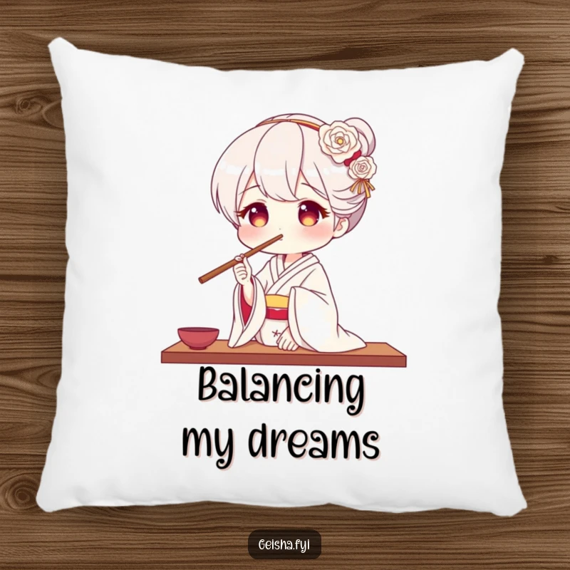 Funny geisha pillow featuring a geisha balancing chopsticks on her nose, offering comfort and a humorous artistic touch.