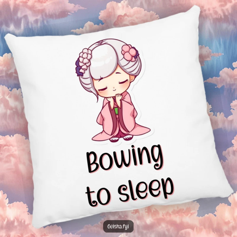Funny geisha pillow, soft cushion featuring a character bowing deeply with a mischievous grin, perfect for cozy humor and decor.