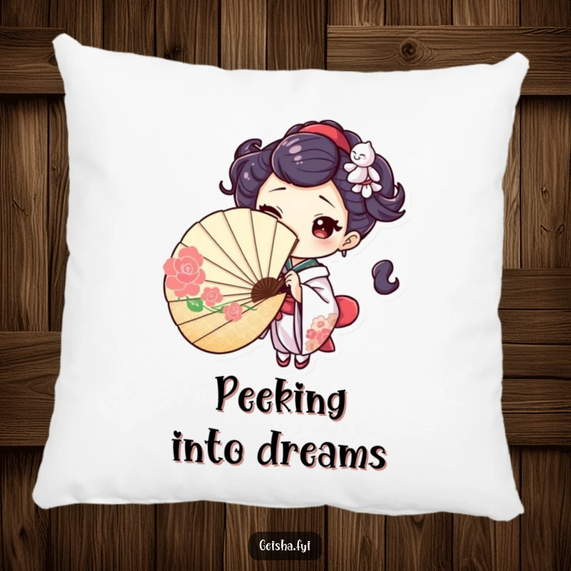 Cozy pillow depicting a geisha character playfully peeking from behind a fan, offering a coy wink, bringing a touch of playful mystery indoors.