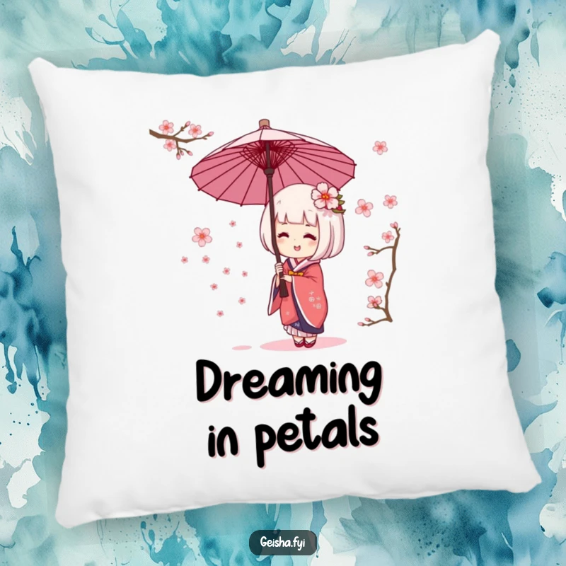 Funny geisha umbrella pillow design featuring character giggling while catching cherry blossoms. Soft, amusing, and decorative.