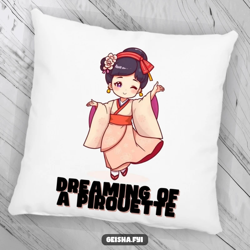 Funny Geisha Pillow: Cheerful character performing a graceful twirl, offering comfort and a splash of humor.