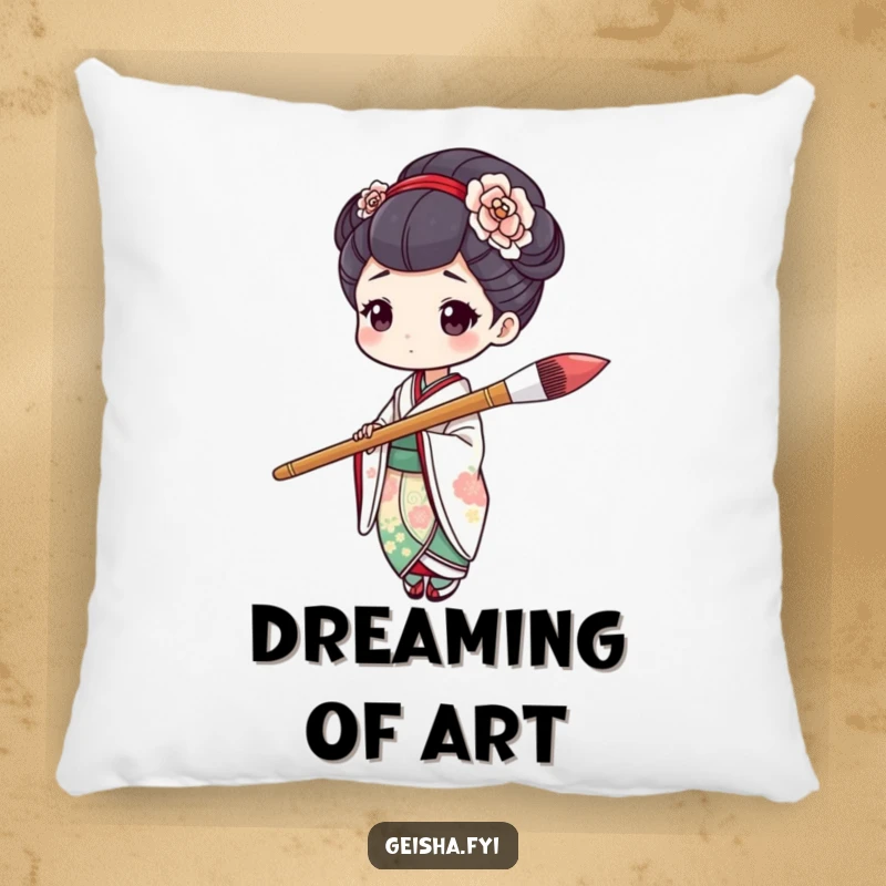 Soft funny geisha character humorously holding a large paintbrush mid-stroke on this artistic and comfortable pillow.