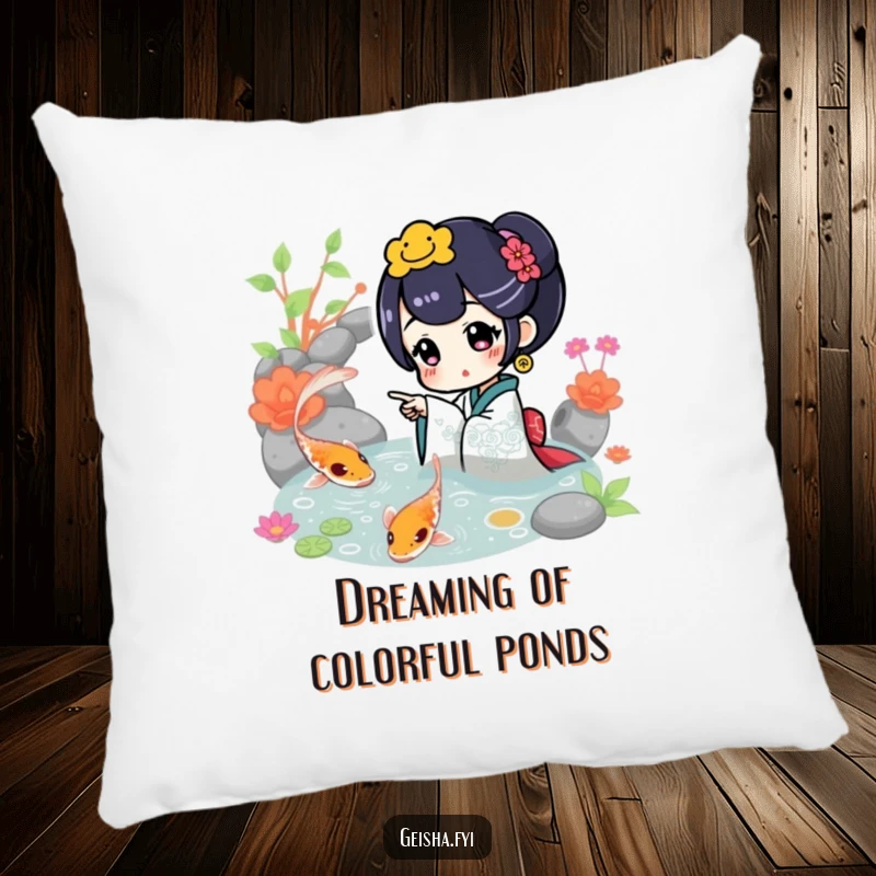 Funny Pillow: A geisha character points with excitement at a colorful koi fish in a pond, offering soft comfort and calm.