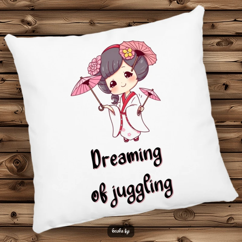 Funny geisha pillow, a mischievous geisha juggles three umbrellas, soft and humorous decor for ultimate comfort and laughter.