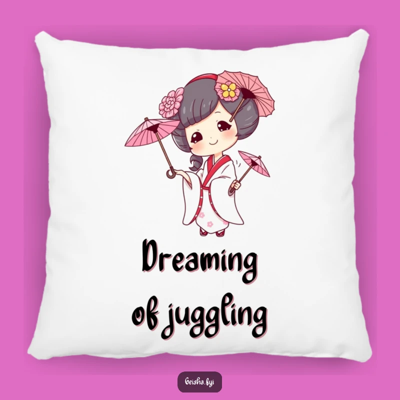 Funny Geisha Juggling Umbrellas Pillow: Comfy and Comedic Accent for a Cheerful Home