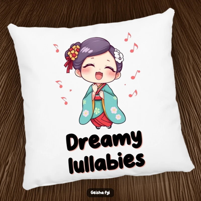 Funny Geisha Pillow: A soft pillow with a geisha singing with delight, surrounded by musical notes, offering comforting musical vibes.
