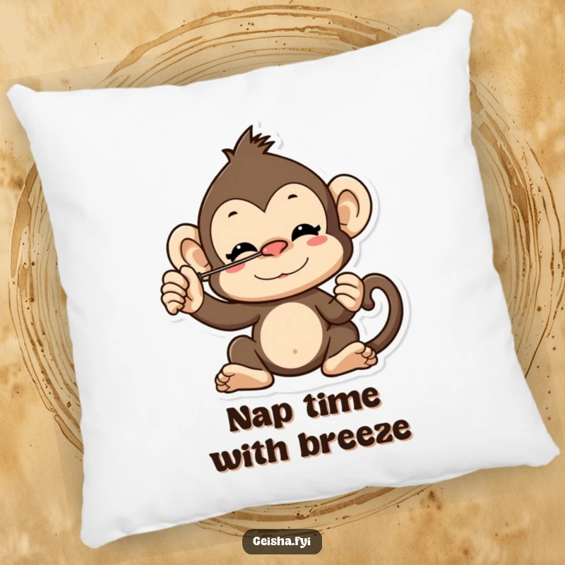 Funny cheeky monkey character pillow balancing a fan on its nose, soft, comfortable, and radiating playful energy.