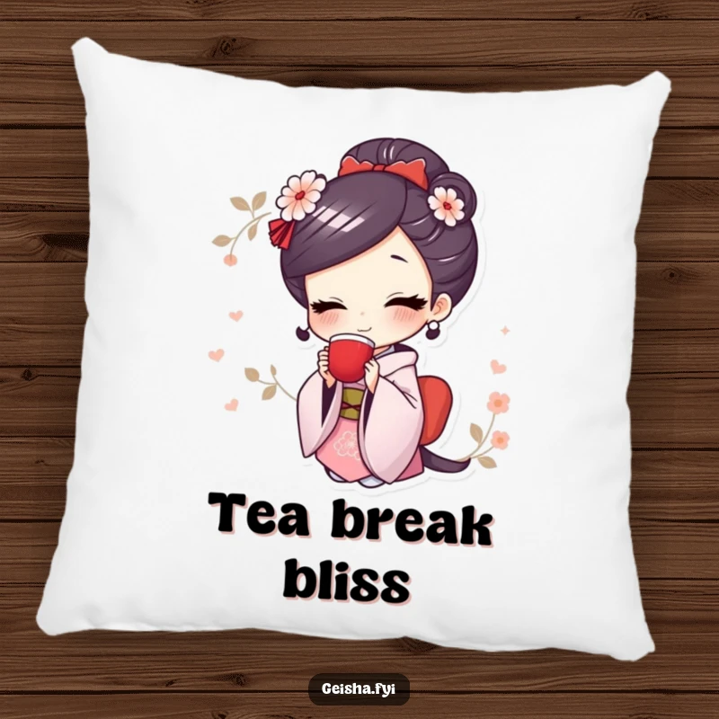 Funny pillow with a cute geisha character smiling widely while enjoying a cup of tea, offering comfort.