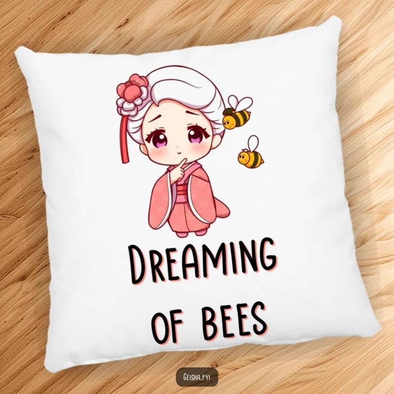 Funny Geisha Pillow decorated with an amused character pointing at a small, buzzing bee, adding comfort and humor.