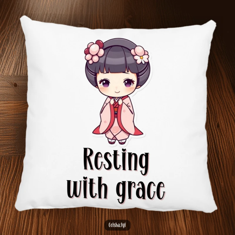 Funny geisha pillow, a geisha bows gracefully with a cheerful expression, offering soft comfort and gentle humor.