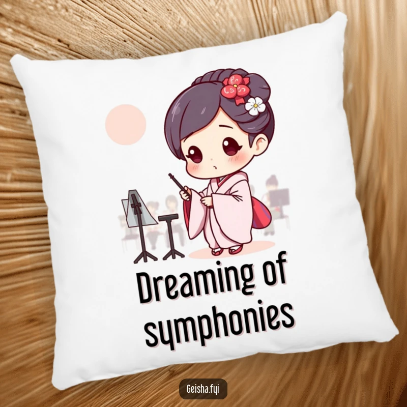 Funny Geisha conducting an invisible orchestra, soft and humorous decorative pillow.