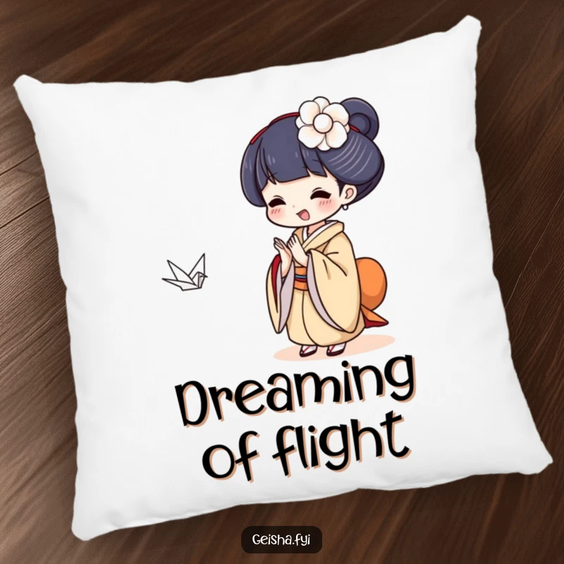 Funny Geisha clapping at a tiny paper crane, soft and humorous decorative pillow.