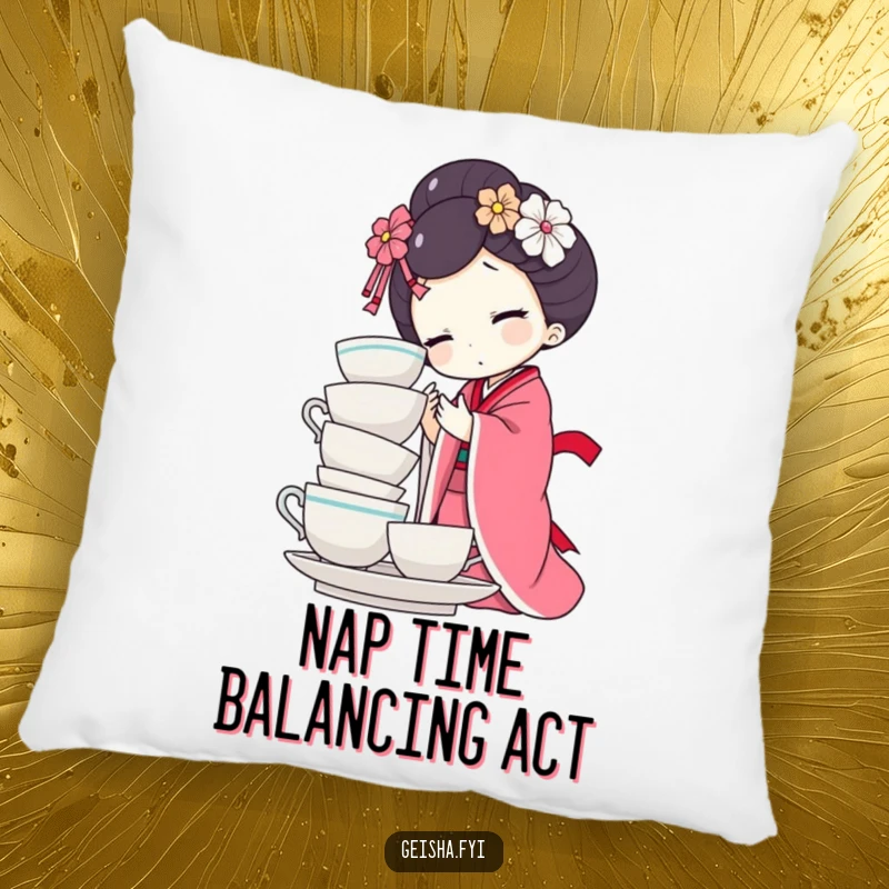Funny geisha doll pillow design showing character struggling to balance teacups. Soft, humorous decor for any couch.