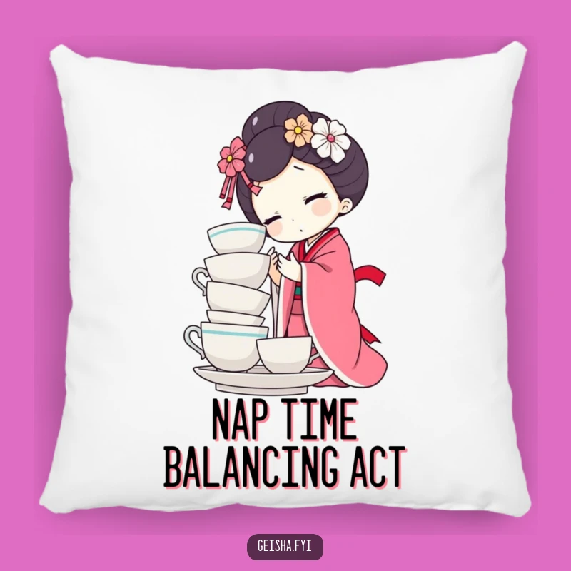 Funny Geisha Doll Teacup Balance Pillow - Comedic Comfort Decor