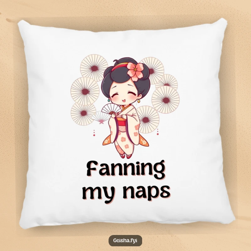 Funny geisha pillow featuring a joyful geisha fanning herself with many fans, offering comfort and cheerful decor.