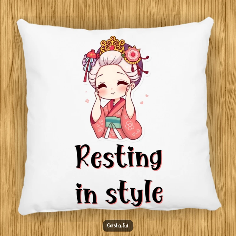 Funny geisha adjusting ornate hair accessory with a smile pillow, soft decor, elegant and humorous, great funny gift.