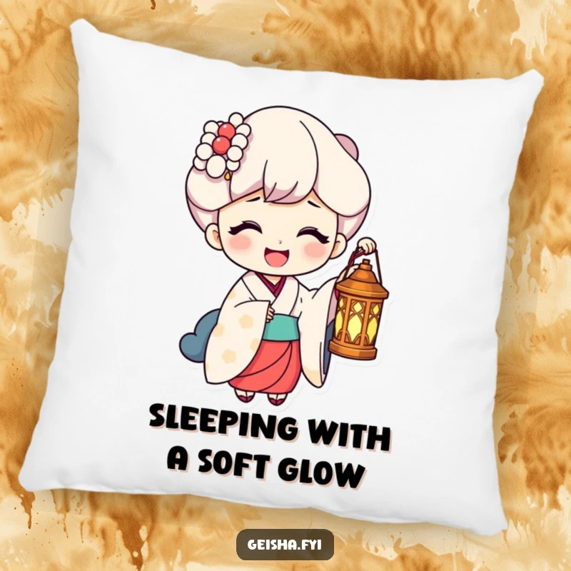 Funny Pillow: A geisha holds a lantern casting a warm light on a laughing face, offering soft comfort and shared glee.