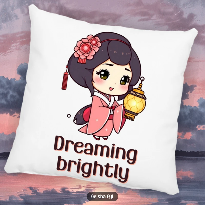 Funny Geisha Pillow: Playful character winks holding a shimmering lantern, a soft and humorous decorative accent.