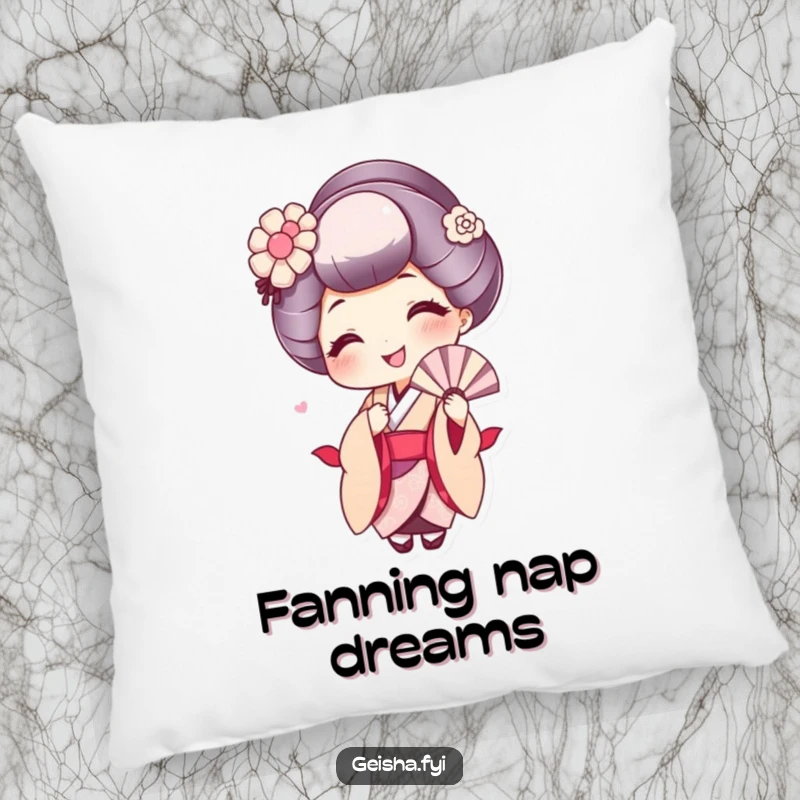 Funny decorative pillow featuring a cute geisha character with a wide smile, fanning herself playfully.