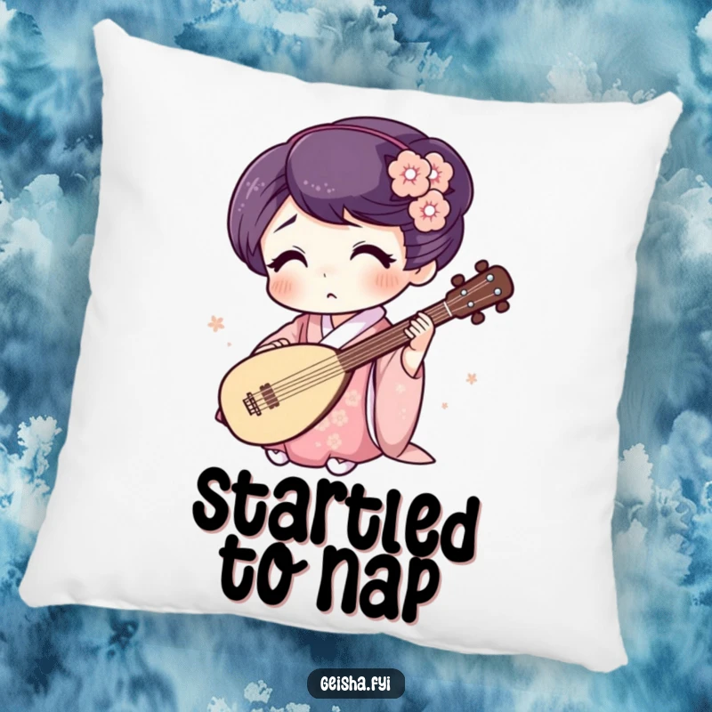 Funny Geisha Pillow: Surprised character plays a tiny shamisen, a soft and humorous decorative accent.
