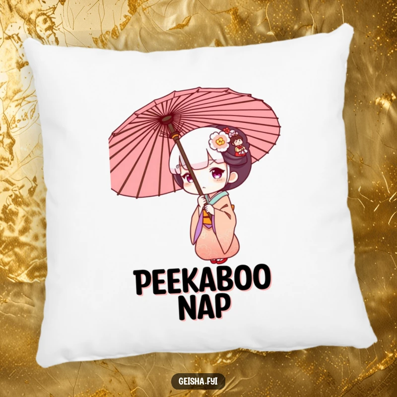Funny Geisha peeking from behind an umbrella, soft and humorous decorative pillow.
