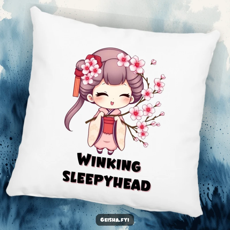 Funny geisha pillow featuring a charming geisha winking while holding a cherry blossom sprig, offering comfort and decorative charm.