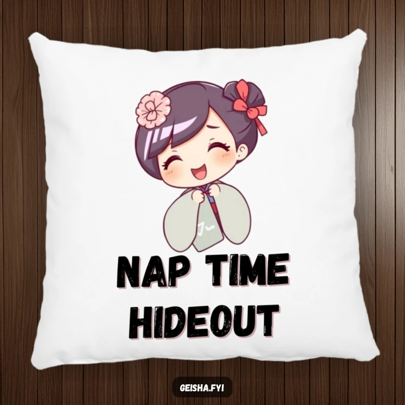 Funny pillow with a giggling geisha character playfully hidden behind a paper fan, offering comfort and whimsy.