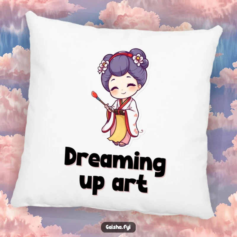 Funny pillow with a joyful geisha creating art on a tiny scroll, offering comfort and artistic humor, a great gift.