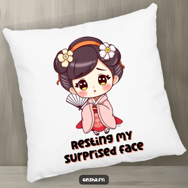 Funny Surprised Geisha Pillow, a cute character with a fan, displaying a comically surprised expression, perfect for cozying up.