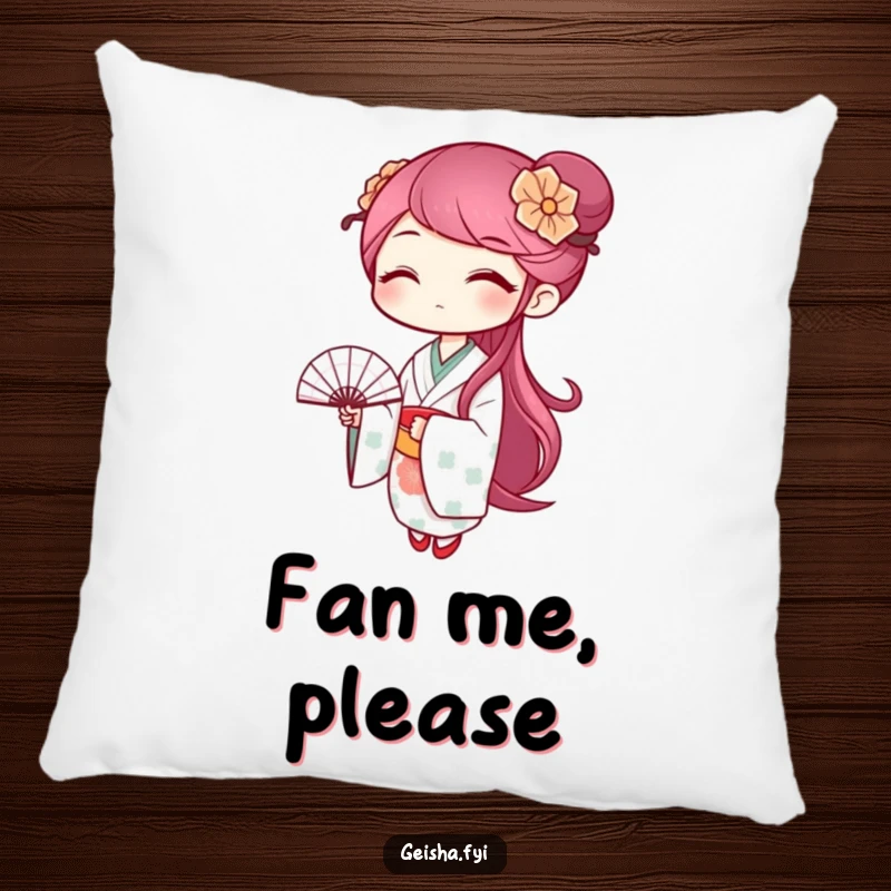 Funny geisha pillow depicting a winking character waving a fan, offering humorous comfort and a touch of playful style.